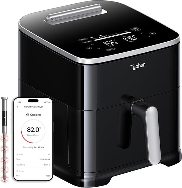 Typhur 8QT Sync Air Fryer with Built-in Wireless Meat Thermometer, 9-in-1 Smart Non Toxic Ceramic Airfryer for Quick Easy Meals, 450°F Max, Cooks 6lb Whole Chicken, Dishwasher Safe, 120V